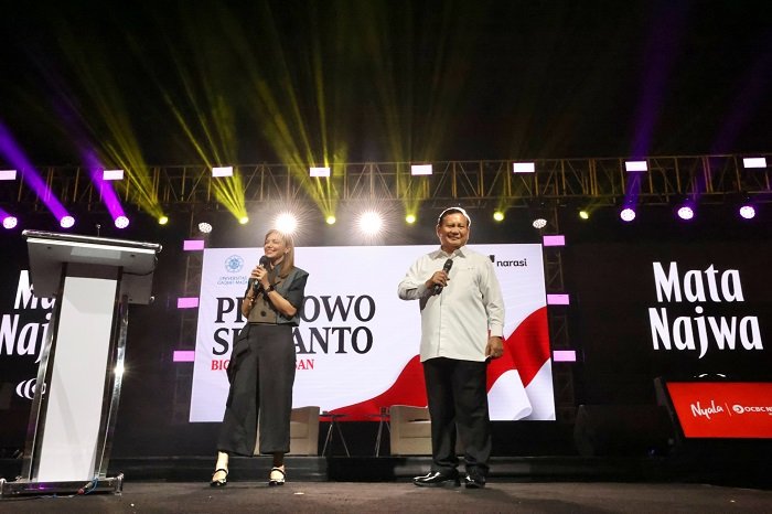 Ketua Umum Partai Gerindra Prabowo Subianto di acara 'Mata Najwa On Stage: 3 Bacapres Bicara Gagasan' di Graha Sabha Pramana UGM. (Dok. Tim Meida Prabowo Subianto)  