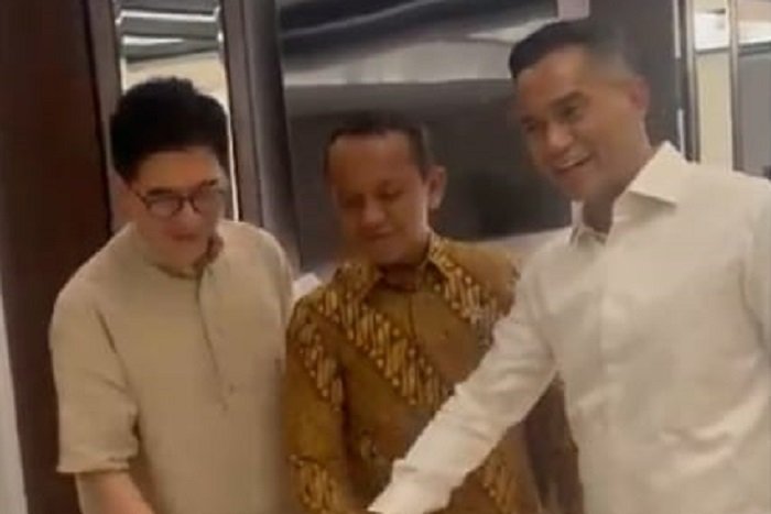 Menteri Energi dan Sumber Daya Mineral (ESDM) Bahlil Lahadalia bersama Ketua Umum Kadin 2021-2026 Arsjad Rasjid, dan Ketua Umum Kadin hasil Munaslub 2024 Anindya Bakrie. (Tangkapan Layar X.com @anasurbaningrum)  