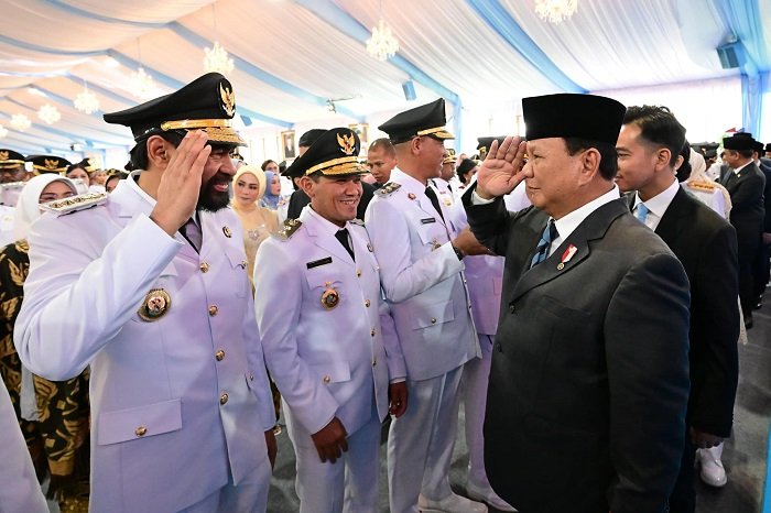 Presiden RI Prabowo Subianto dalam acara Pelantikan Kepala Daerah, Gubernur dan Walikota di Istana Negara, Jakarta. (Facebook.com @Setkab RI)

